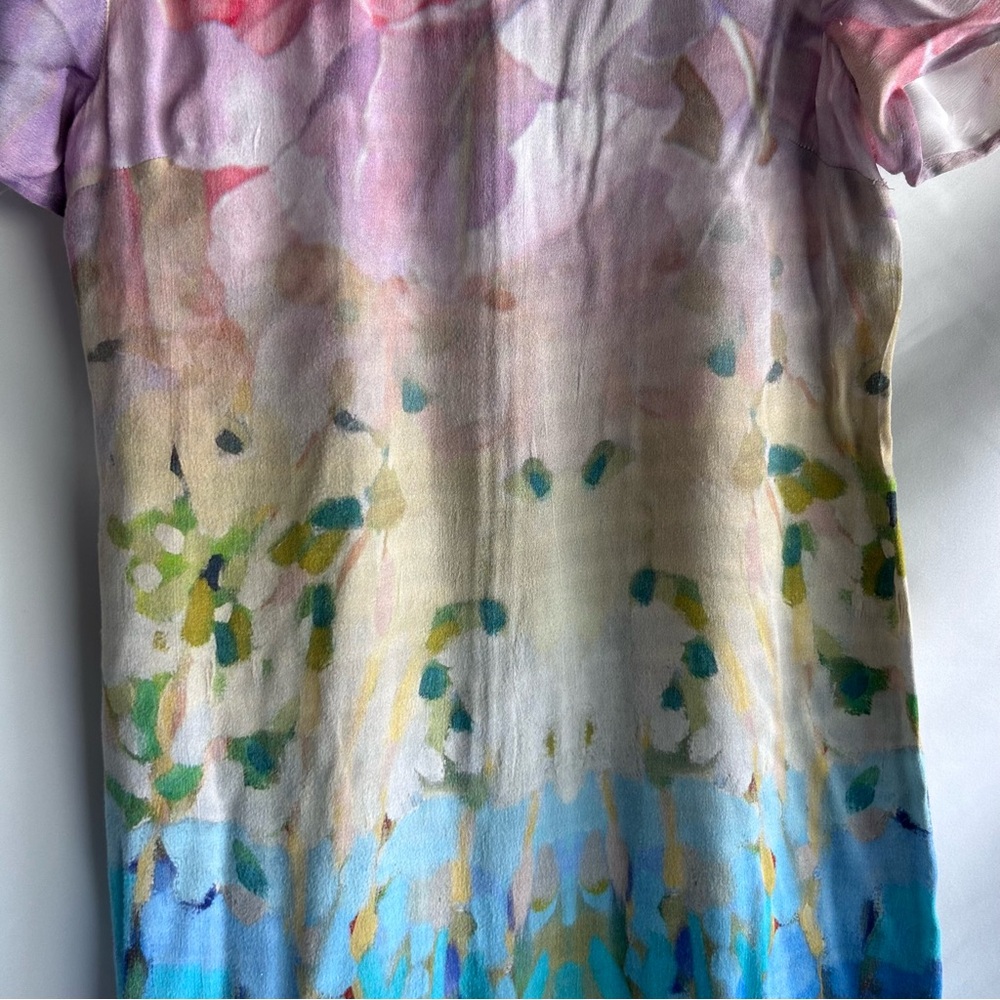 Blank London Watercolor Viscose Crepe Satin Short Sleeve Dress | Size Large - Picture 3 of 14